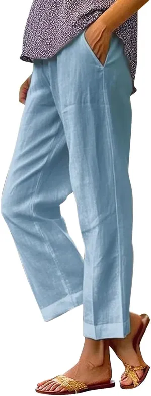 Cropped Linen Pants Women Summer Elastic Waist Straight Leg Plus Size Crop Pants Casual Beach Trousers with Pockets