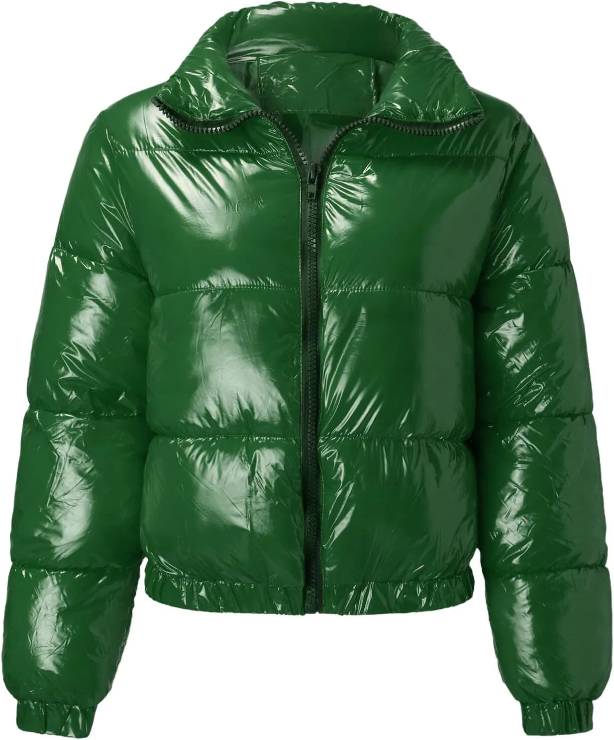 Cropped Puffer Coats Women Winter Zipper Shiny Short Quilted Jacket Fashion Stand Collar Warm Fluffy Padded Down Coat
