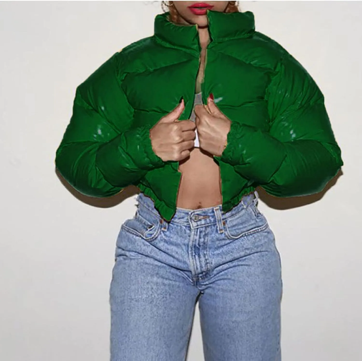 Cropped Puffer Coats Women Winter Zipper Shiny Short Quilted Jacket Fashion Stand Collar Warm Fluffy Padded Down Coat