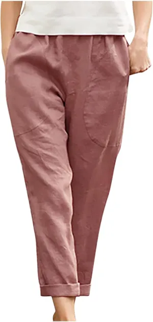 Ctreela Womens Straightstyle Plus Size Cotton Linen Pants Summer Baggy Wide Leg Lounge Trousers Elastic Waist Beach Outfits