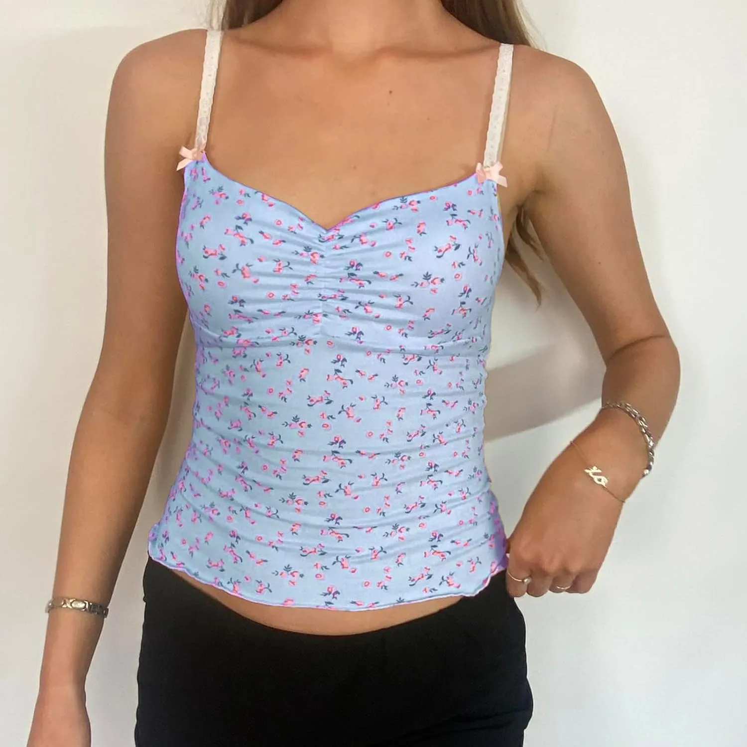 Cute Camisole for Women Y2k Spaghetti Strap V Neck Fitted Tank Top Preppy Button Front Sleeveless Crop Top