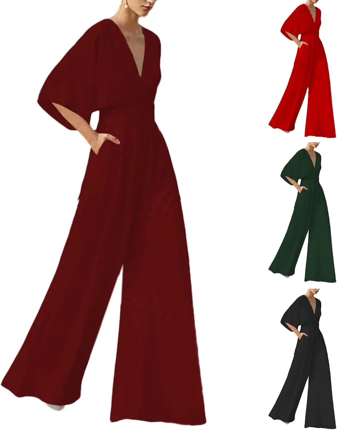 Deep V Neck Jumpsuits For Womens Casual Loose Short Sleeve Wide Leg Pants Rompers Elegant Pieced Outfits Women Cas