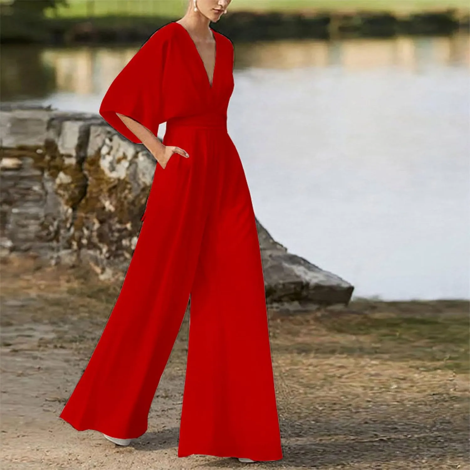 Deep V Neck Jumpsuits For Womens Casual Loose Short Sleeve Wide Leg Pants Rompers Elegant Pieced Outfits Women Cas