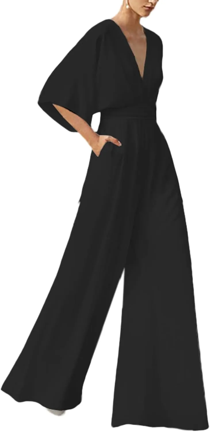 Deep V Neck Jumpsuits For Womens Casual Loose Short Sleeve Wide Leg Pants Rompers Elegant Pieced Outfits Women Cas