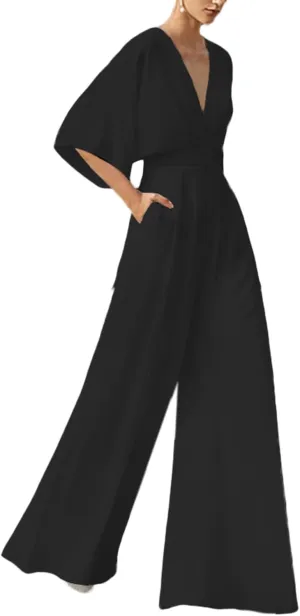 Deep V Neck Jumpsuits For Womens Casual Loose Short Sleeve Wide Leg Pants Rompers Elegant Pieced Outfits Women Cas