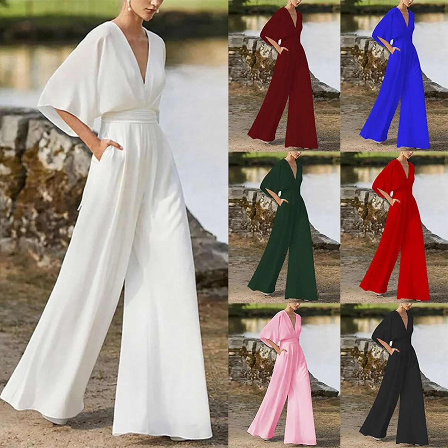 Deep V Neck Jumpsuits For Womens Casual Loose Short Sleeve Wide Leg Pants Rompers Elegant Pieced Outfits Women Cas