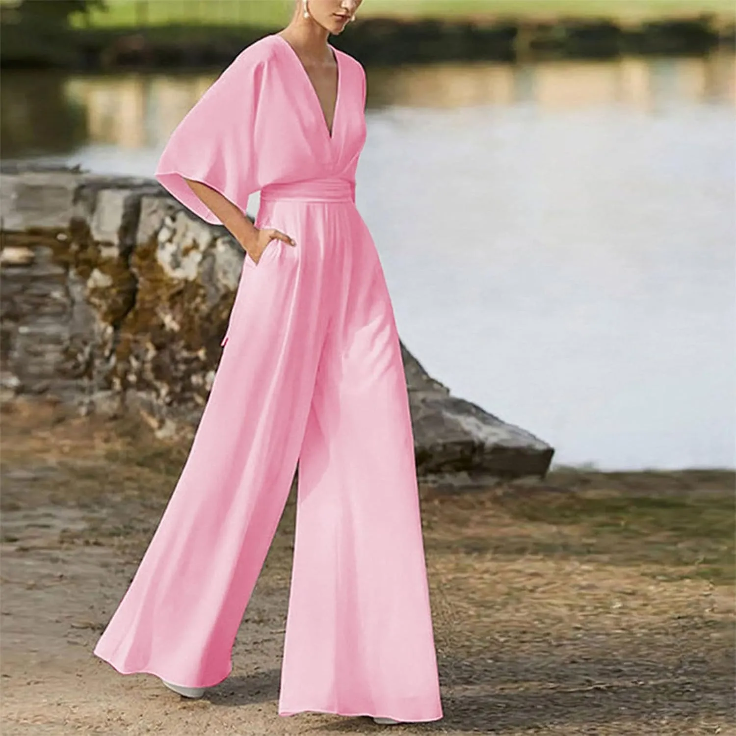 Deep V Neck Jumpsuits For Womens Casual Loose Short Sleeve Wide Leg Pants Rompers Elegant Pieced Outfits Women Cas