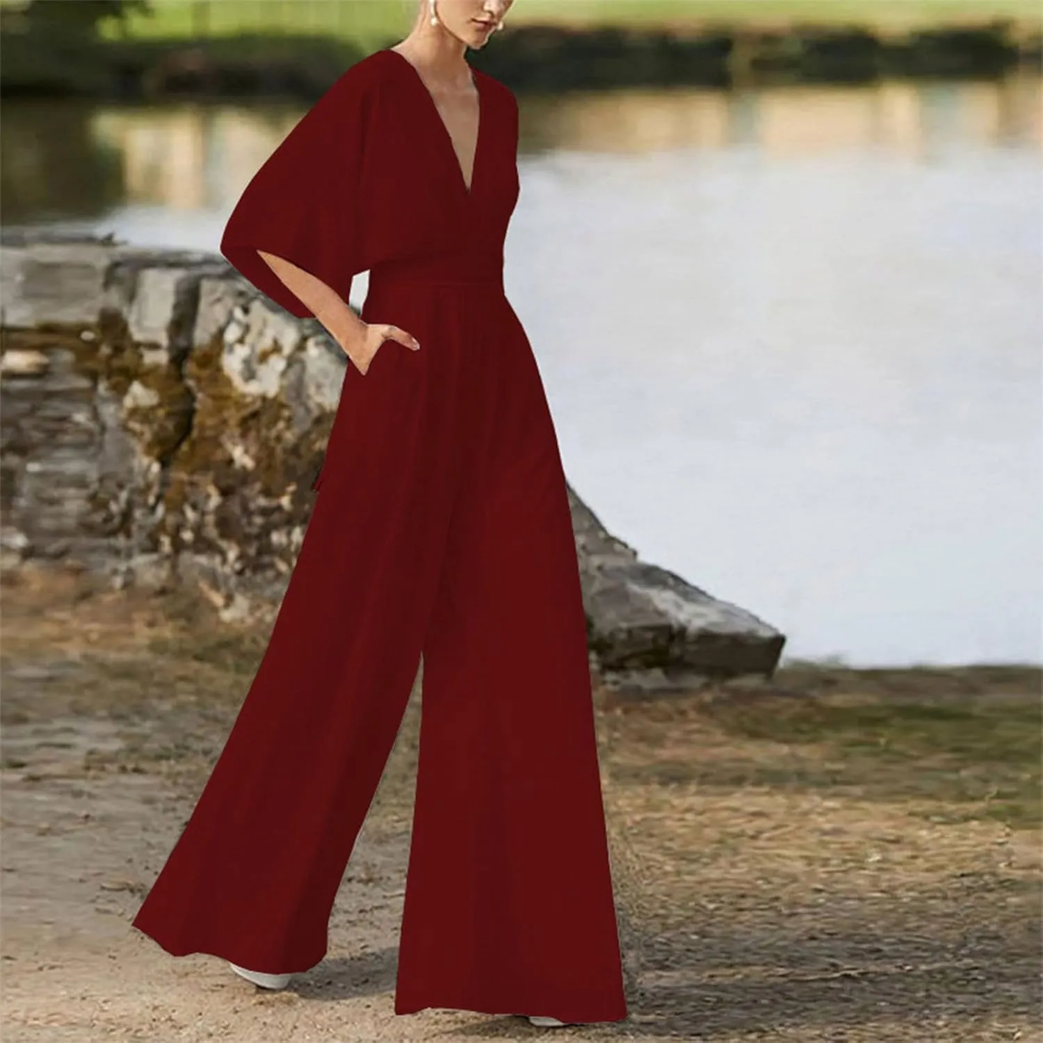 Deep V Neck Jumpsuits For Womens Casual Loose Short Sleeve Wide Leg Pants Rompers Elegant Pieced Outfits Women Cas