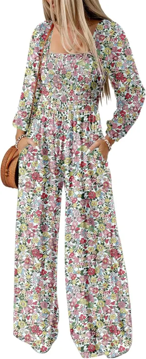 Dokotoo Women's Casual Loose Overalls Jumpsuits One Piece Long Sleeve Printed Wide Leg Long Pant Rompers With Pockets