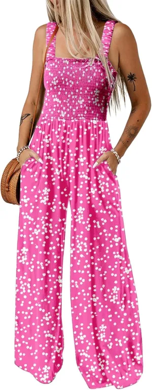Dokotoo Women's Casual Loose Overalls Jumpsuits One Piece Sleeveless Printed Wide Leg Long Pant Rompers With Pockets