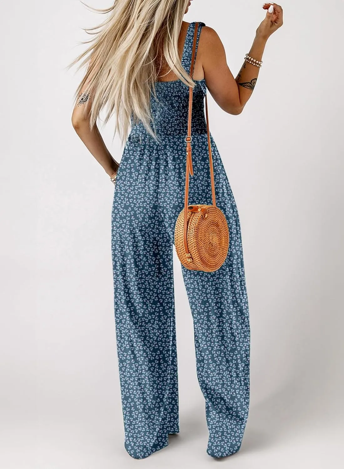 Dokotoo Women's Casual Loose Overalls Jumpsuits One Piece Sleeveless Printed Wide Leg Long Pant Rompers With Pockets