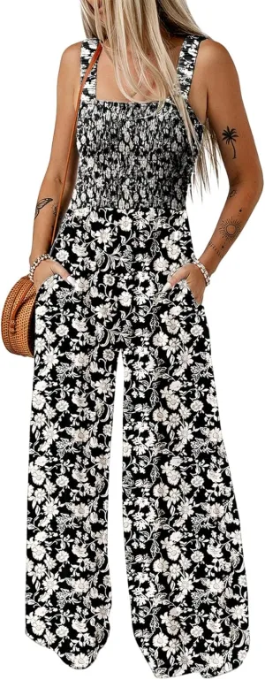 Dokotoo Women's Casual Loose Overalls Jumpsuits One Piece Sleeveless Printed Wide Leg Long Pant Rompers With Pockets