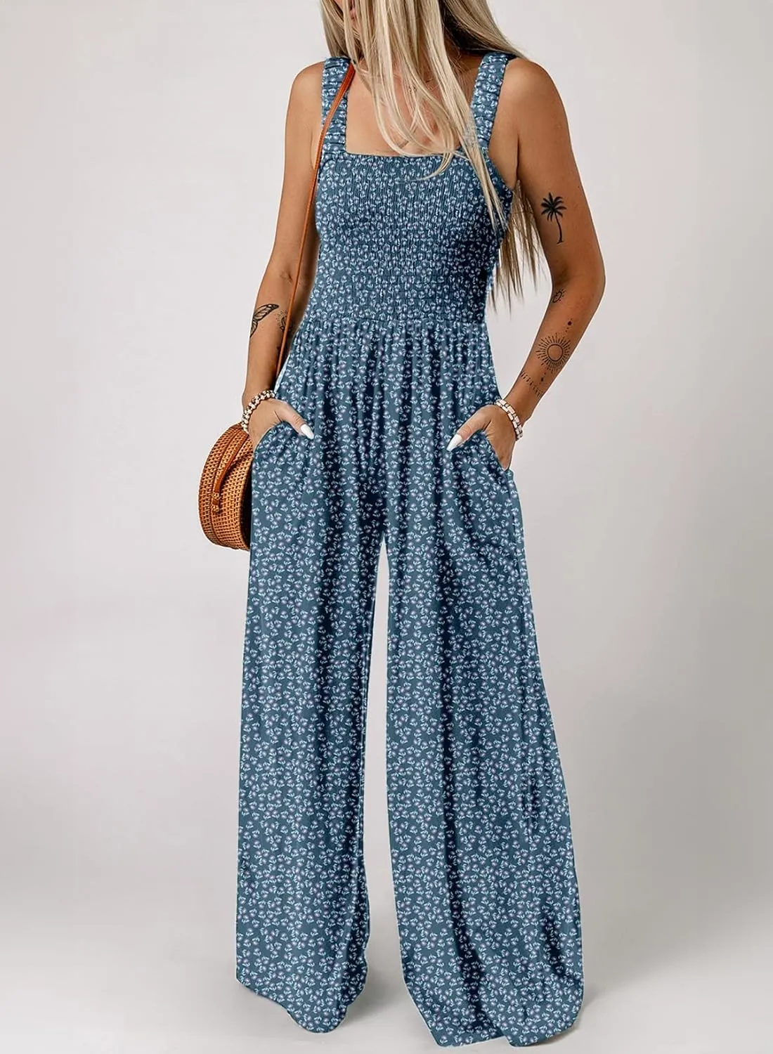 Dokotoo Women's Casual Loose Overalls Jumpsuits One Piece Sleeveless Printed Wide Leg Long Pant Rompers With Pockets