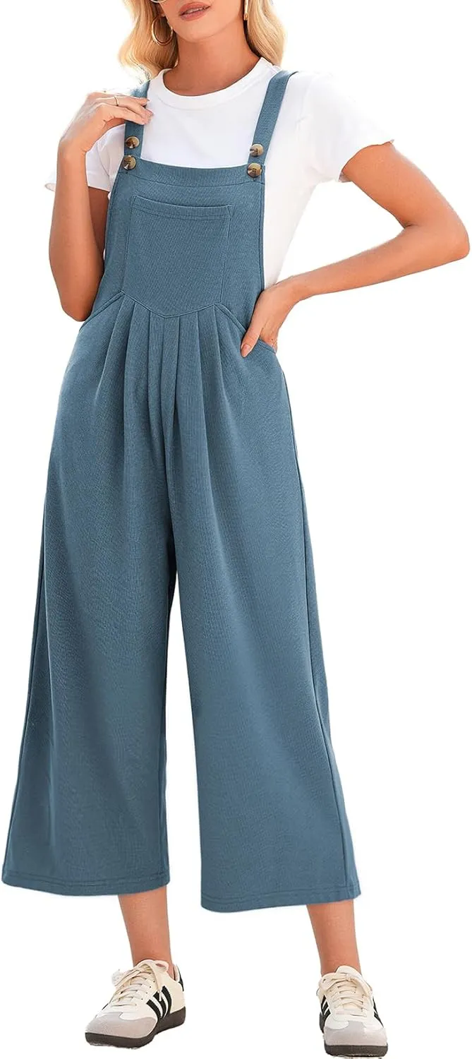 Dokotoo Women's Jumpsuits Casual Overalls One Piece Sleeveless Wide Leg Long Pant Rompers Waffle Knit Loose Fit Pockets