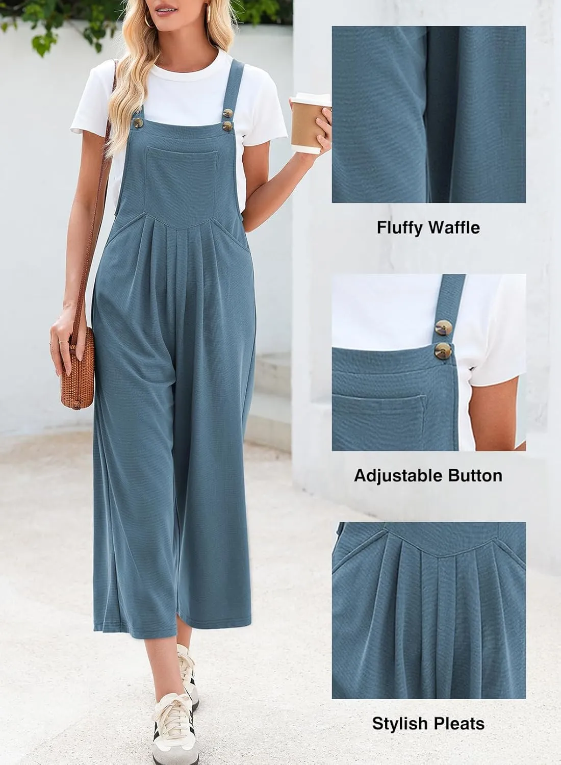 Dokotoo Women's Jumpsuits Casual Overalls One Piece Sleeveless Wide Leg Long Pant Rompers Waffle Knit Loose Fit Pockets