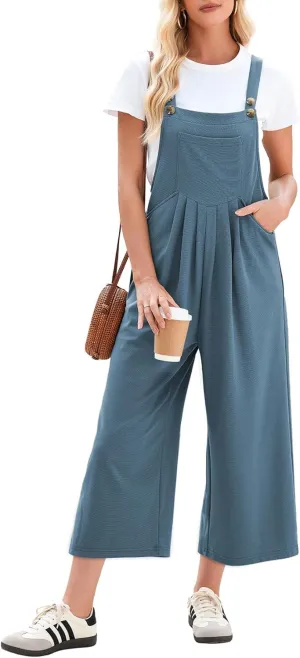 Dokotoo Women's Jumpsuits Casual Overalls One Piece Sleeveless Wide Leg Long Pant Rompers Waffle Knit Loose Fit Pockets