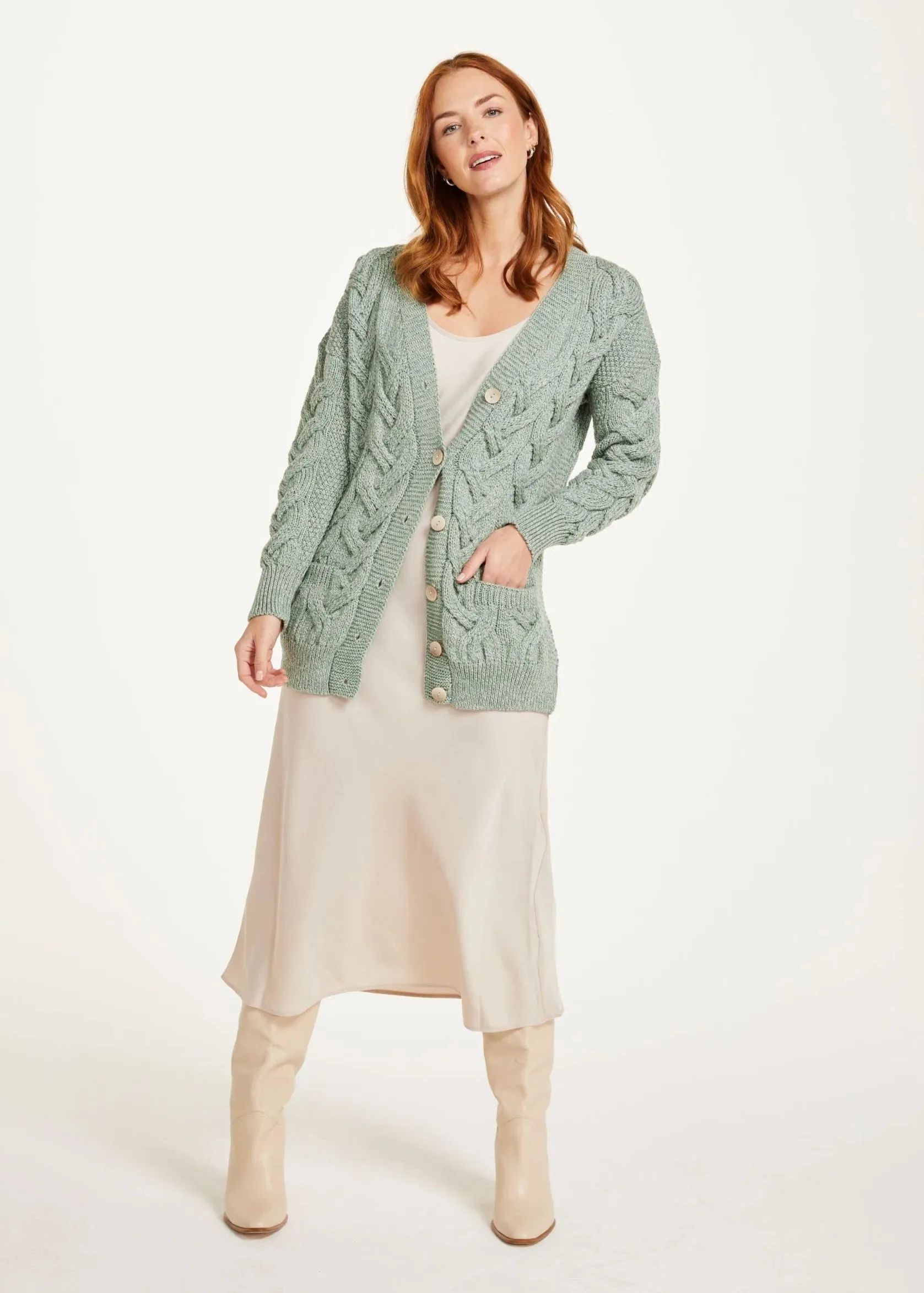 Downpatrick Ladies Aran Cardigan | Mint Green