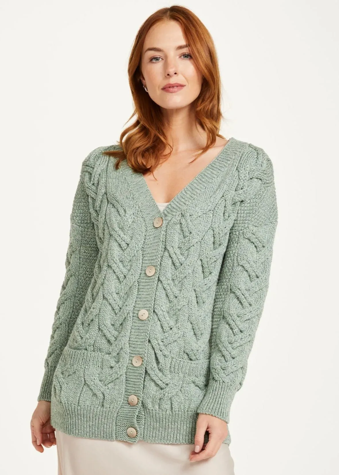 Downpatrick Ladies Aran Cardigan | Mint Green