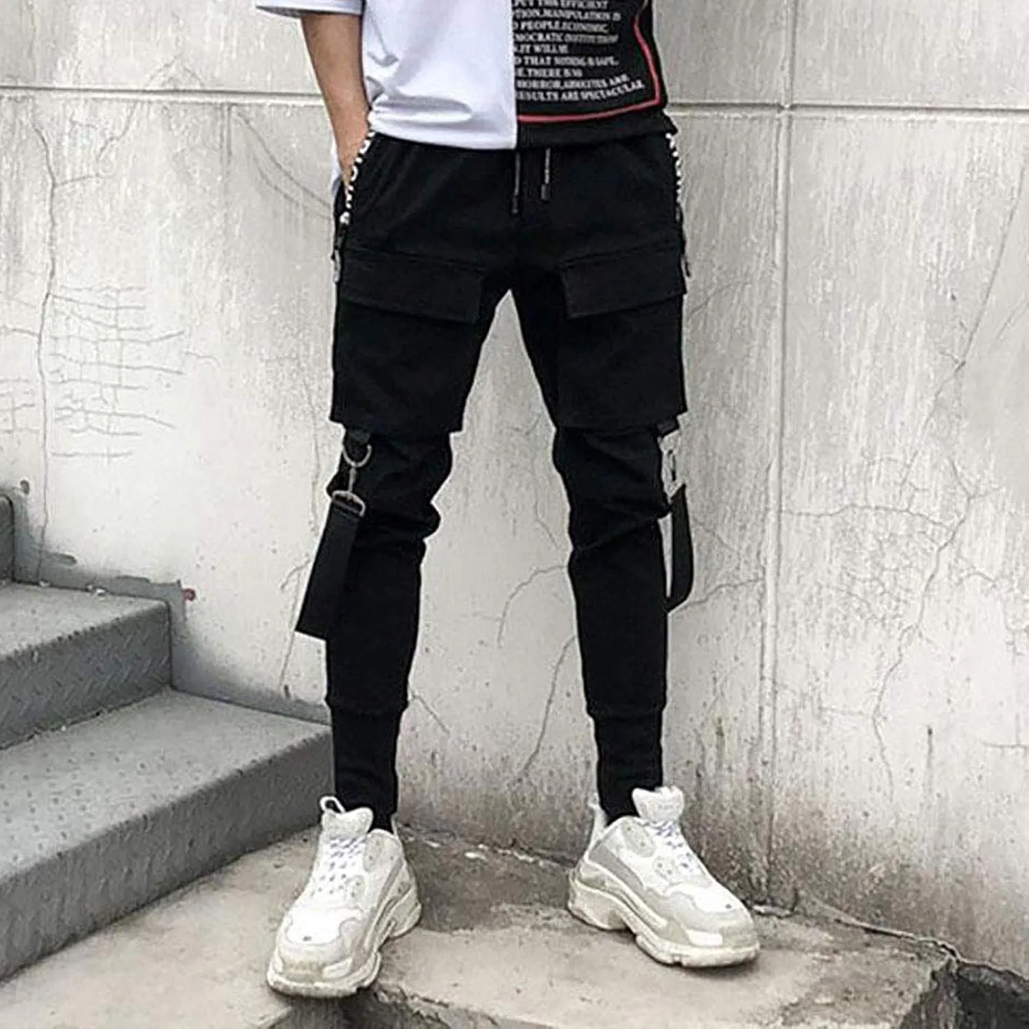 DuDubaby High Waisted Yoga Pants Men's Pockets Pencil Pants Hip Hop Patchwork Sweatpants Mens Pants Slim Fit
