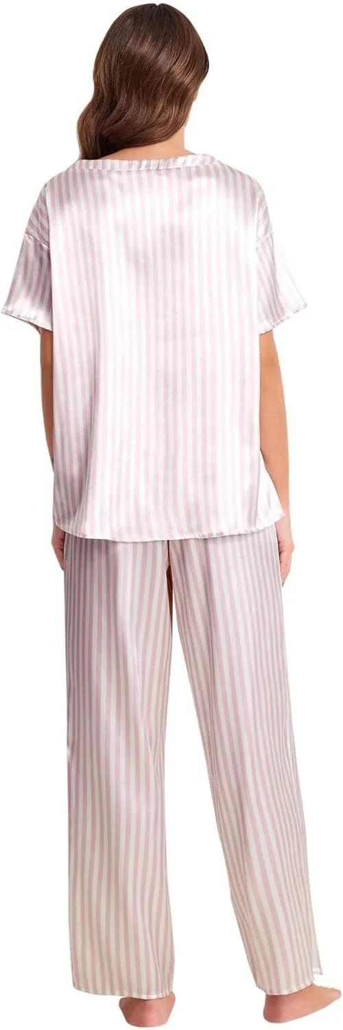 Ekouaer Womens Satin Silky Pajama Set Short Sleeve Shirt with Long Pajama Pant Set Soft PJ Loungewear