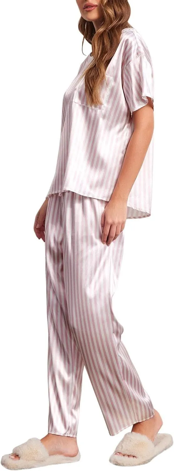 Ekouaer Womens Satin Silky Pajama Set Short Sleeve Shirt with Long Pajama Pant Set Soft PJ Loungewear