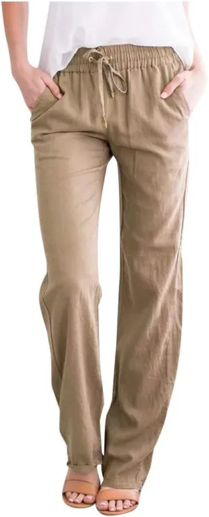 Elastic Drawstring Solid Waist Long Pants Cotton Women and Casual Straight Pants Womens Dress Casual Pants