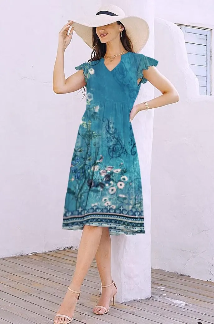 ETCYY Sundresses for Women 2025 Vacation Ruffle Tiered Beach Cover Ups Boho Floral Print Casual Summer Midi Dress