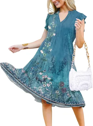 ETCYY Sundresses for Women 2025 Vacation Ruffle Tiered Beach Cover Ups Boho Floral Print Casual Summer Midi Dress