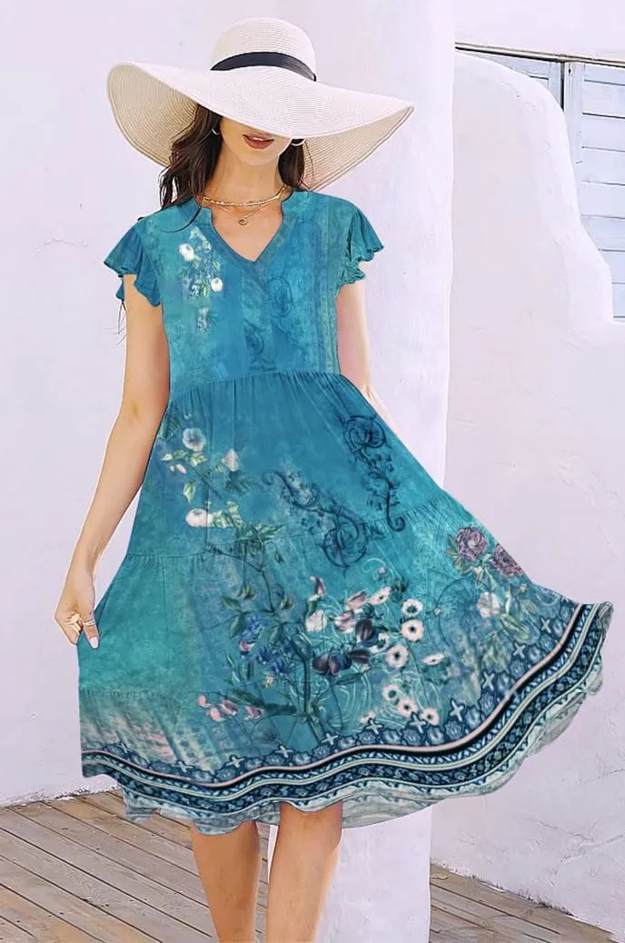 ETCYY Sundresses for Women 2025 Vacation Ruffle Tiered Beach Cover Ups Boho Floral Print Casual Summer Midi Dress
