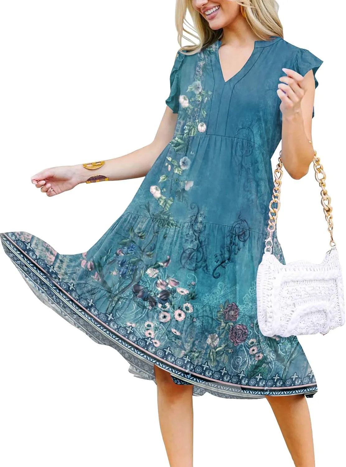 ETCYY Sundresses for Women 2025 Vacation Ruffle Tiered Beach Cover Ups Boho Floral Print Casual Summer Midi Dress