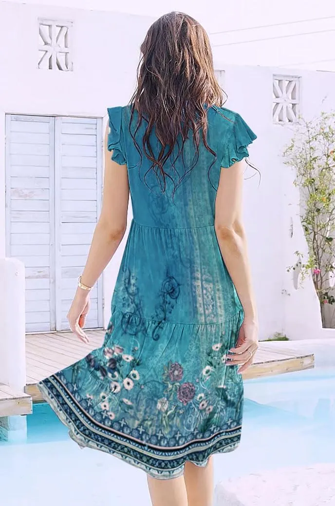 ETCYY Sundresses for Women 2025 Vacation Ruffle Tiered Beach Cover Ups Boho Floral Print Casual Summer Midi Dress