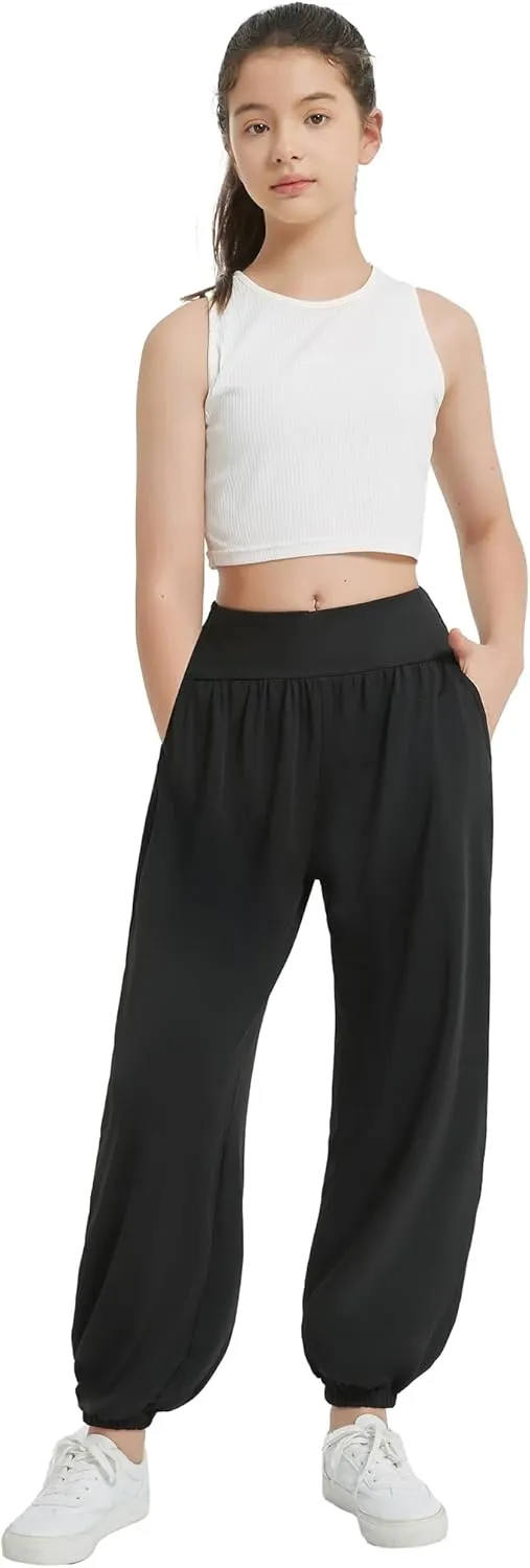 EXARUS 3 Pack Girls Lightweight Baggy Pants Straight/Tapered Wide Leg Pants Elastic Waist Flowy Pants with Pockets 6-14Y