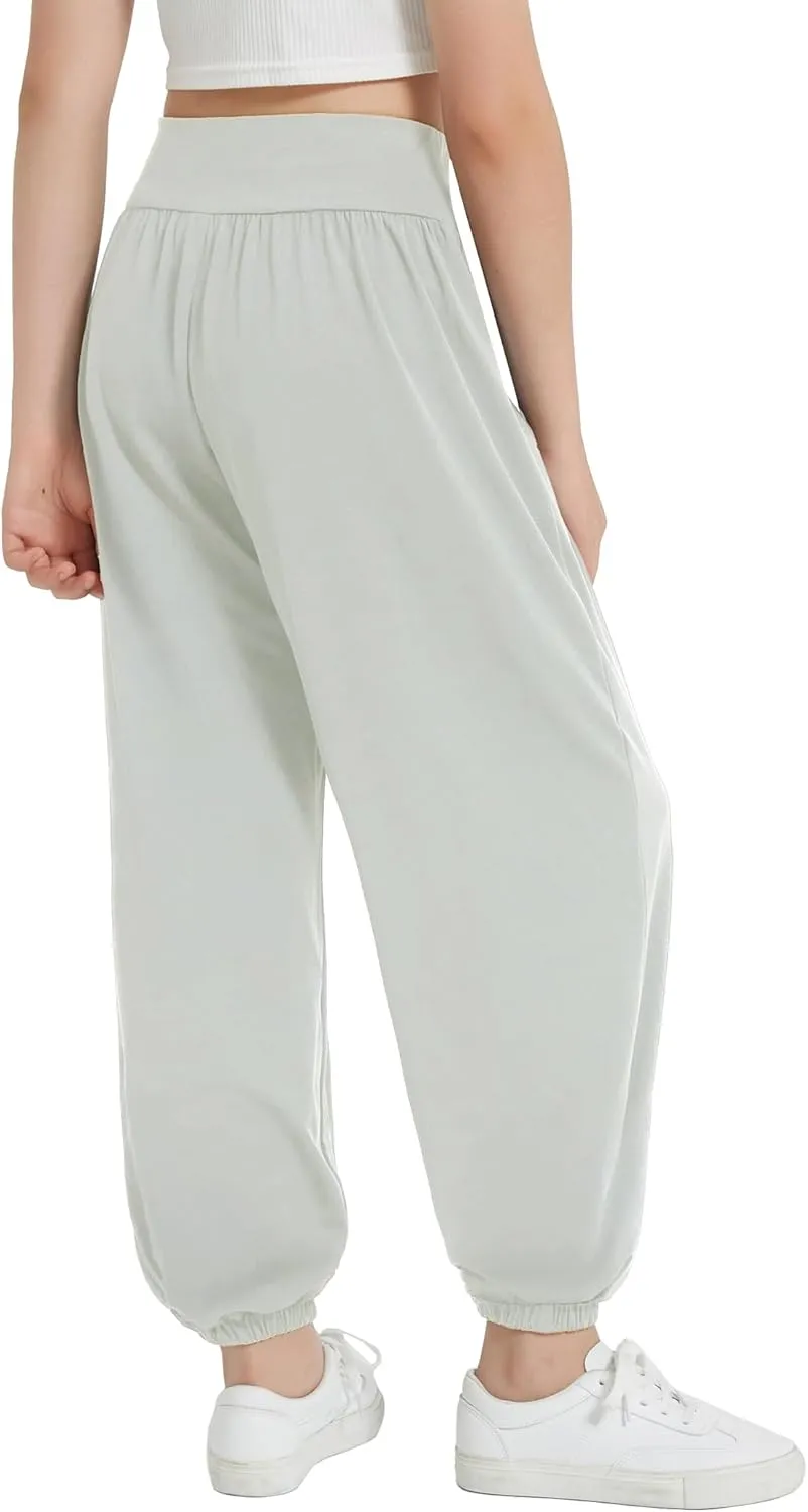 EXARUS 3 Pack Girls Lightweight Baggy Pants Straight/Tapered Wide Leg Pants Elastic Waist Flowy Pants with Pockets 6-14Y