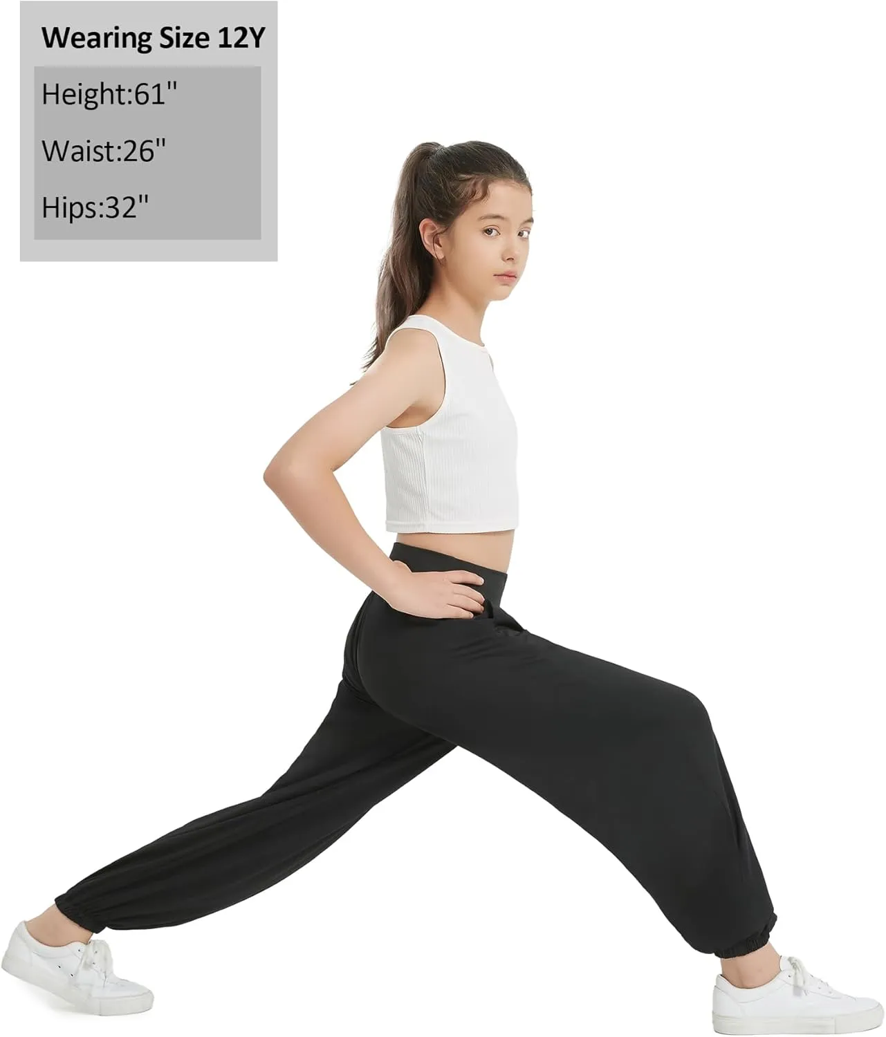 EXARUS 3 Pack Girls Lightweight Baggy Pants Straight/Tapered Wide Leg Pants Elastic Waist Flowy Pants with Pockets 6-14Y