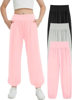EXARUS 3 Pack Girls Lightweight Baggy Pants Straight/Tapered Wide Leg Pants Elastic Waist Flowy Pants with Pockets 6-14Y