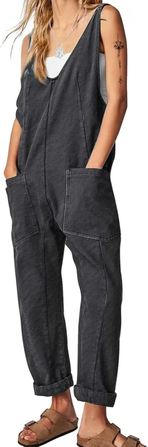 EXLURA Women Summer High Roller Denim Jumpsuits Casual Loose Beach Vacation Trendy Fashion Overalls Jeans Romper Pockets 2025