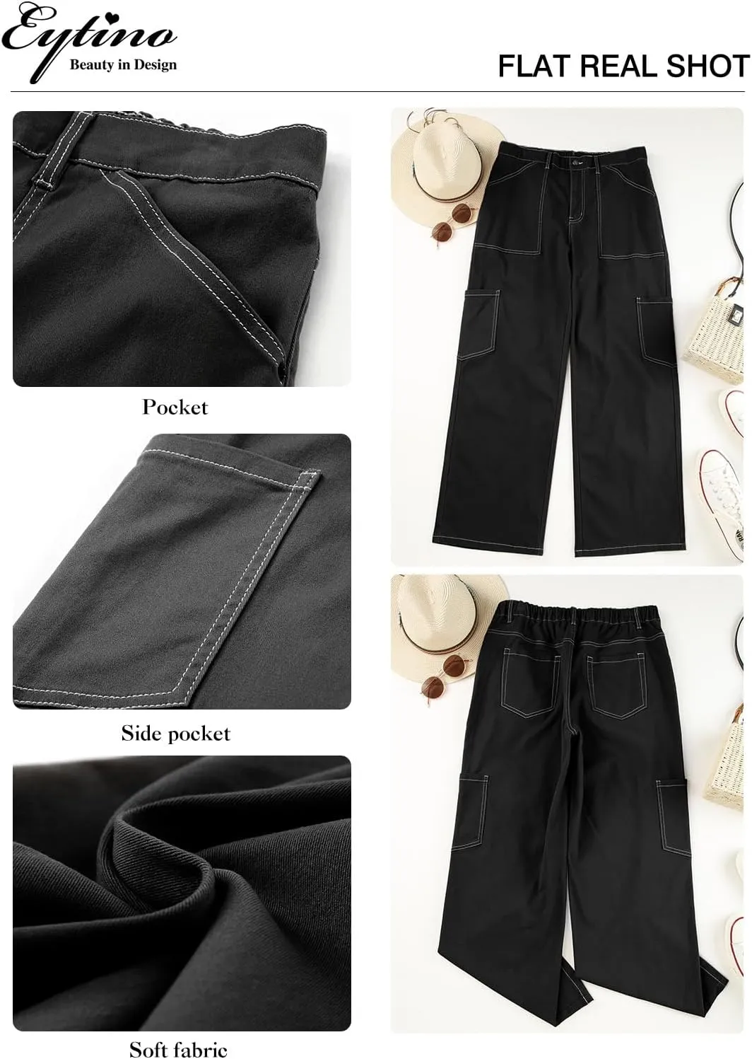 Eytino Womens Plus Size Cargo Pants High Waisted Stretch Wide Leg Baggy Pants Casual Trousers with Pockets(1X-5X)