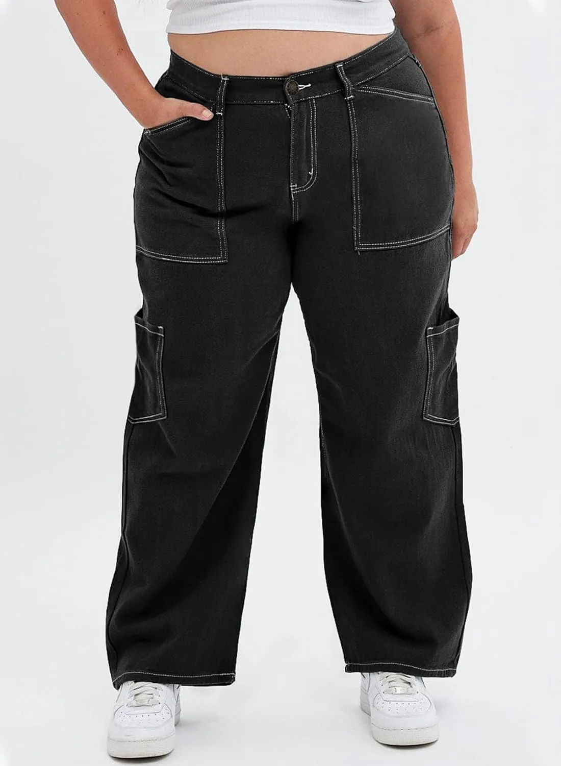 Eytino Womens Plus Size Cargo Pants High Waisted Stretch Wide Leg Baggy Pants Casual Trousers with Pockets(1X-5X)