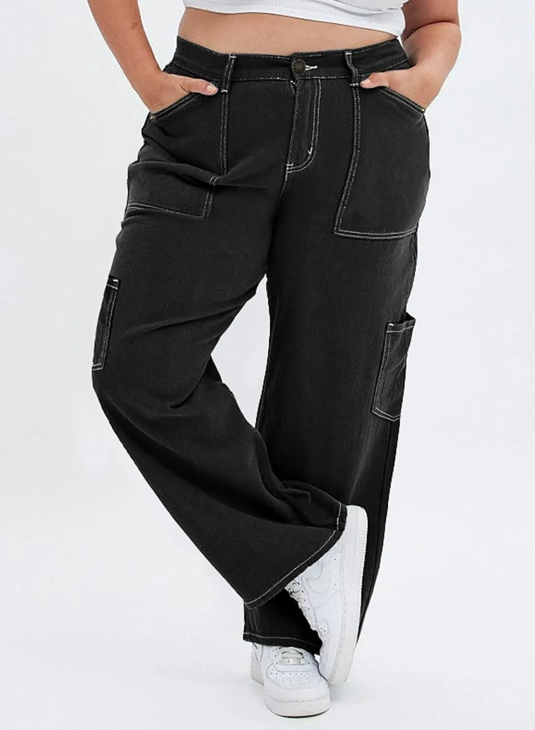 Eytino Womens Plus Size Cargo Pants High Waisted Stretch Wide Leg Baggy Pants Casual Trousers with Pockets(1X-5X)