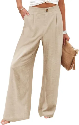 fanmpghleoo Striped Linen Pants Women Elastic Waist Wide Leg Lounge Pants with Pockets Casual Trendy Linen Palazzo Pants