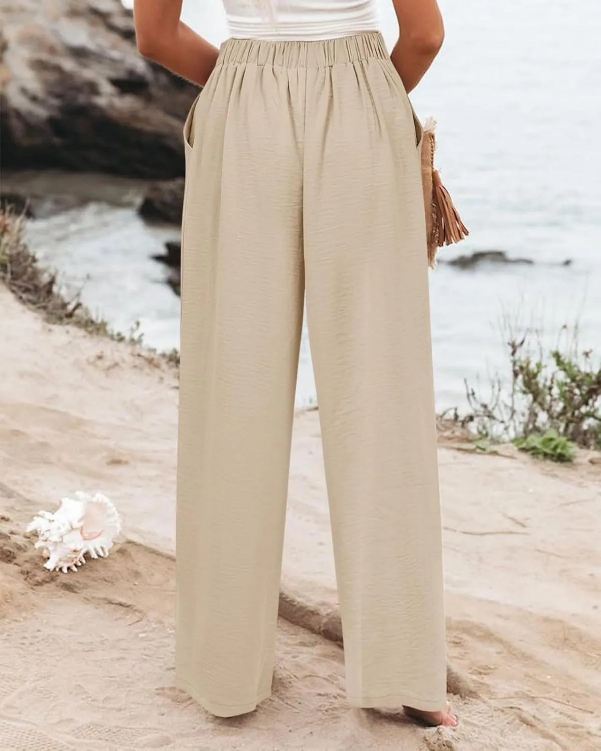 fanmpghleoo Striped Linen Pants Women Elastic Waist Wide Leg Lounge Pants with Pockets Casual Trendy Linen Palazzo Pants