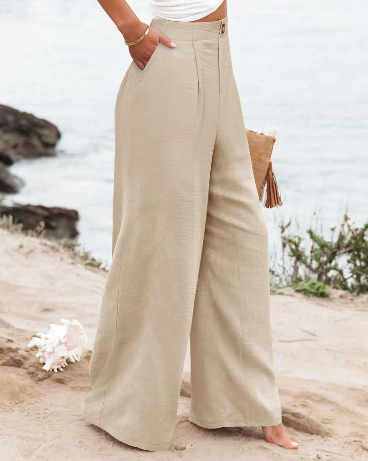 fanmpghleoo Striped Linen Pants Women Elastic Waist Wide Leg Lounge Pants with Pockets Casual Trendy Linen Palazzo Pants