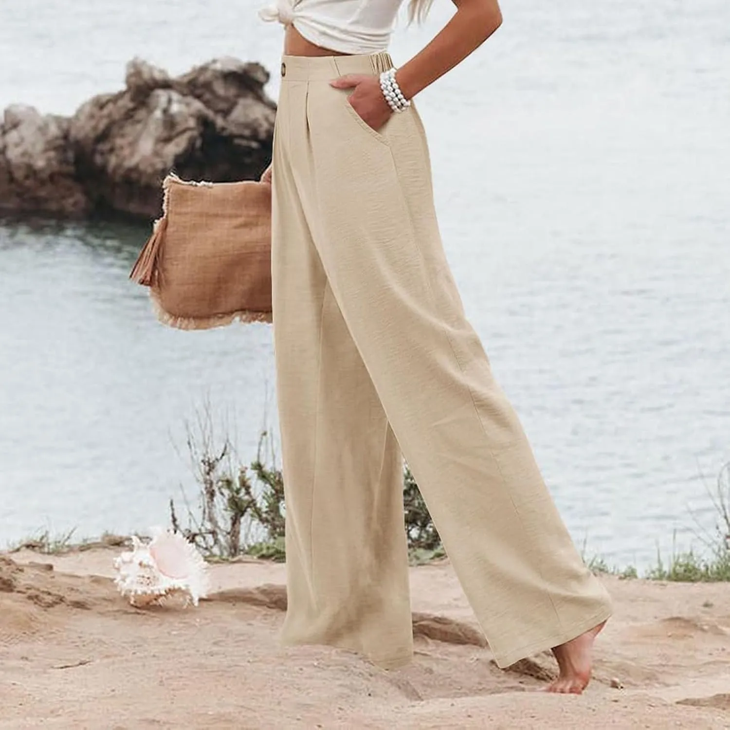 fanmpghleoo Striped Linen Pants Women Elastic Waist Wide Leg Lounge Pants with Pockets Casual Trendy Linen Palazzo Pants