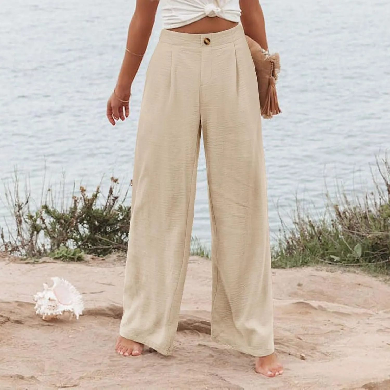 fanmpghleoo Striped Linen Pants Women Elastic Waist Wide Leg Lounge Pants with Pockets Casual Trendy Linen Palazzo Pants