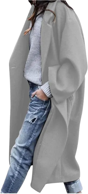 fartey Womens Trench Coat Elegant Lapel Collar Wool Blend Pea Coats Open Front Mid Long Length Office Overcoat Outwear