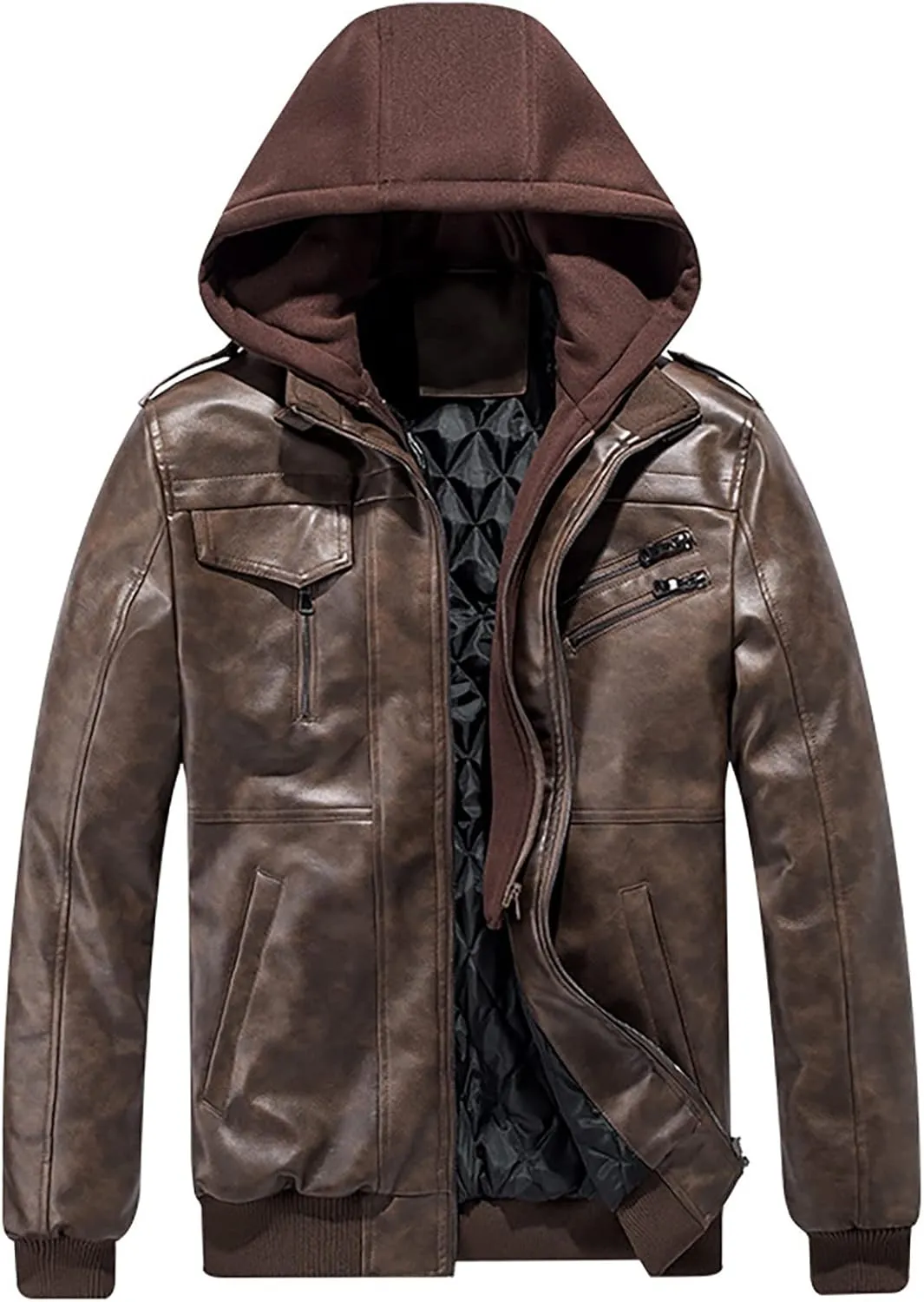 Faux Leather Jacket Men,Bomber Motorcycle Jacket Coats Zipper Slim Sherpa Lined Winter Warm Outwear with Pocket