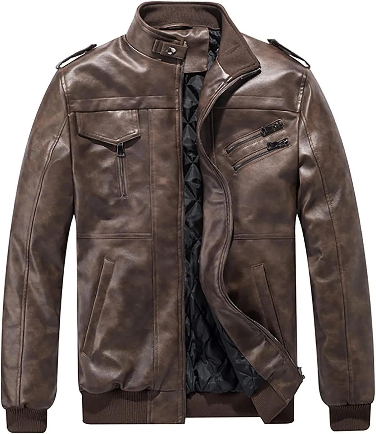 Faux Leather Jacket Men,Bomber Motorcycle Jacket Coats Zipper Slim Sherpa Lined Winter Warm Outwear with Pocket