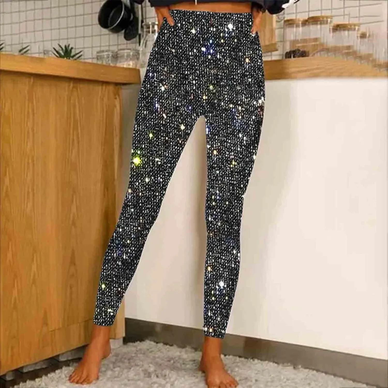 Firzero Black Leggings Women Dressy Sequin Bling Legging Joggers Elastic High Waist Pencil Pants Sparkly Skinny Trousers