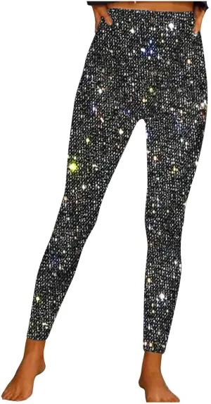 Firzero Black Leggings Women Dressy Sequin Bling Legging Joggers Elastic High Waist Pencil Pants Sparkly Skinny Trousers