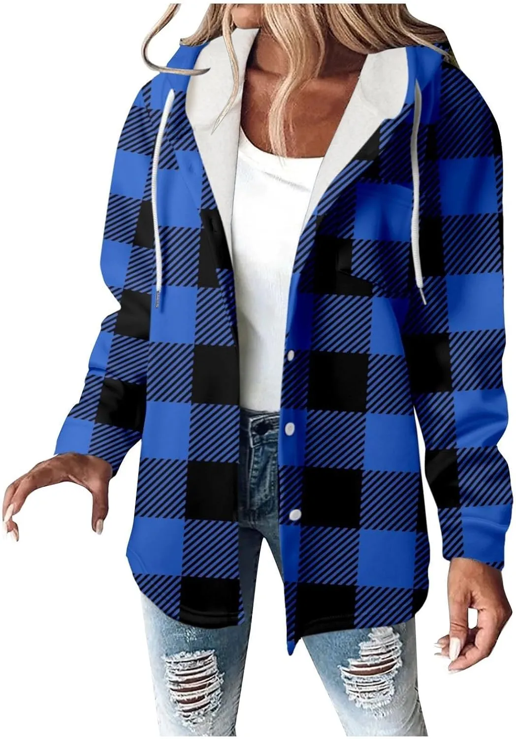 Fleece Hoodies For Women Warm Print Sweatshirt Button Lined Drawstring Hooded Jacket Coat
